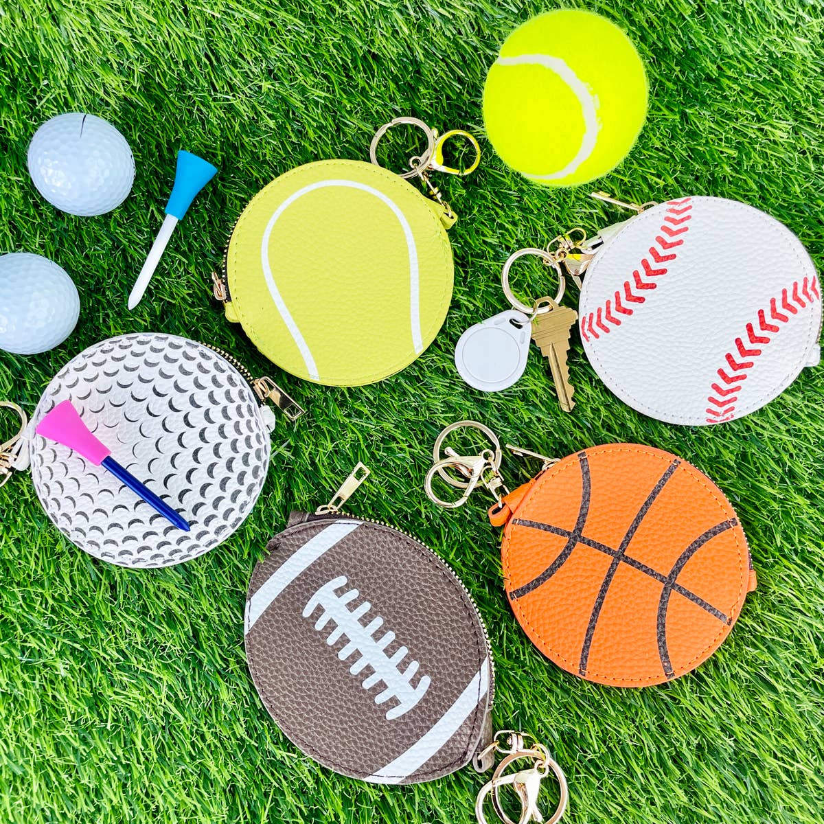 Tennis Ball Keychain Bag Charm Sports Coin Purse Zip Pouch