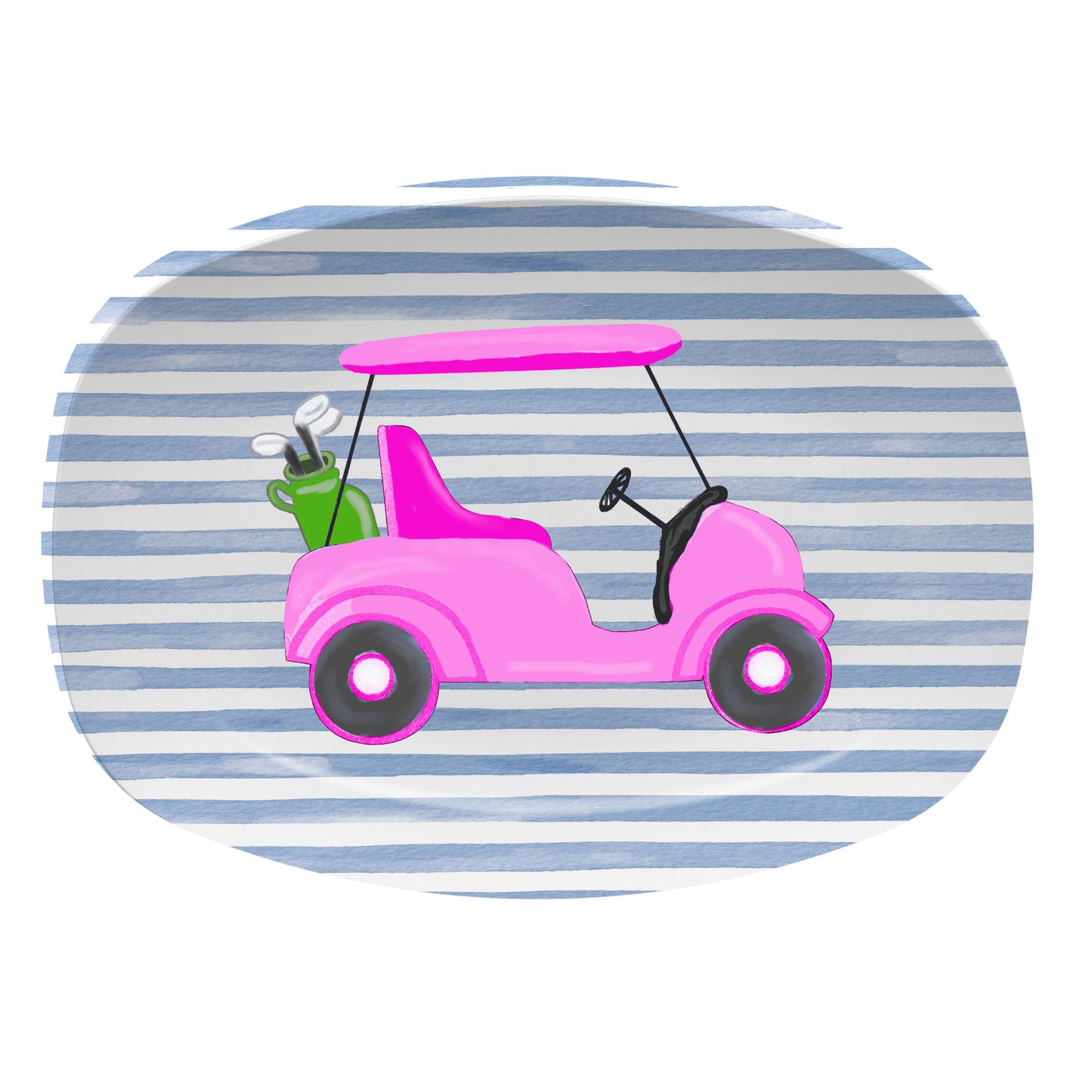 Platter - Pink Golf Cart: Green Watercolor Stripe