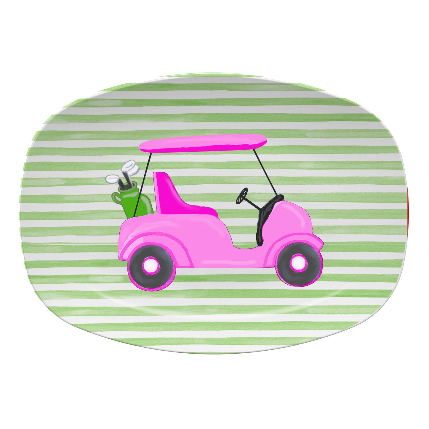 Platter - Pink Golf Cart: Green Watercolor Stripe